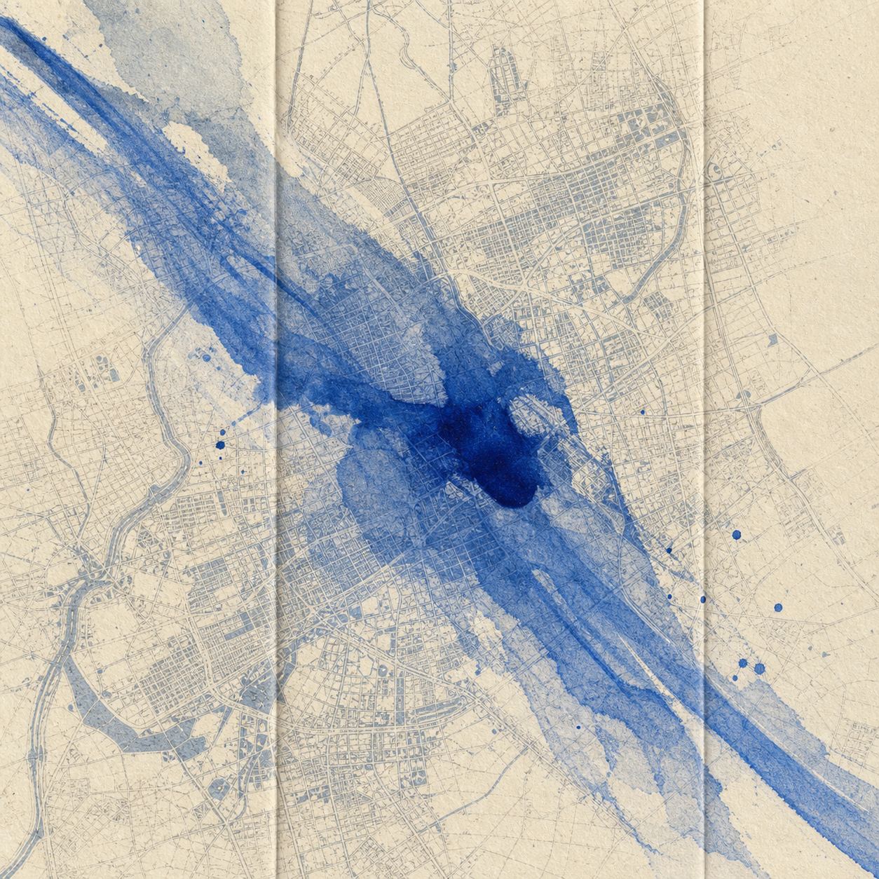 Plan de ville ancien traversé par une coulée d'encre bleue