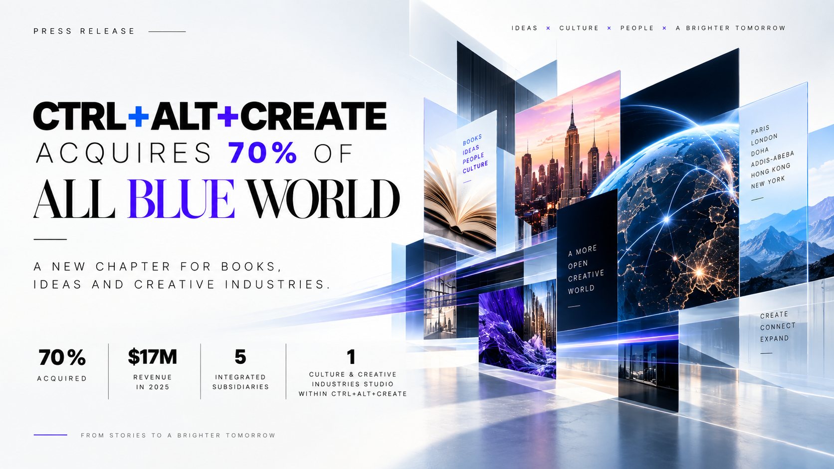 Ctrl+Alt+Create acquiert 70 % d'All Blue World : montage de livres, de villes et d'un globe connecté