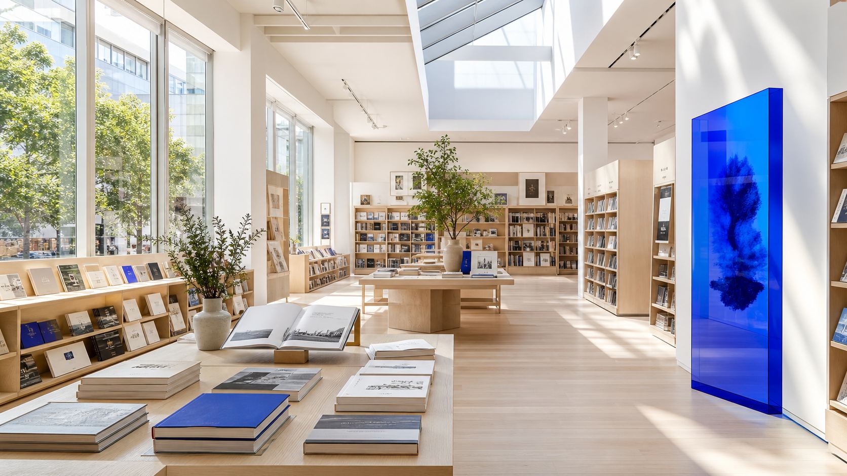 Librairie lumineuse en bois clair avec un panneau de verre bleu