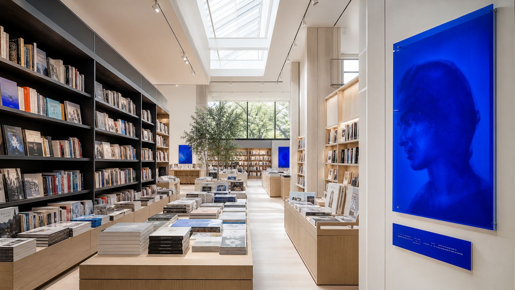 Librairie du réseau : tables de nouveautés et portrait bleu au mur