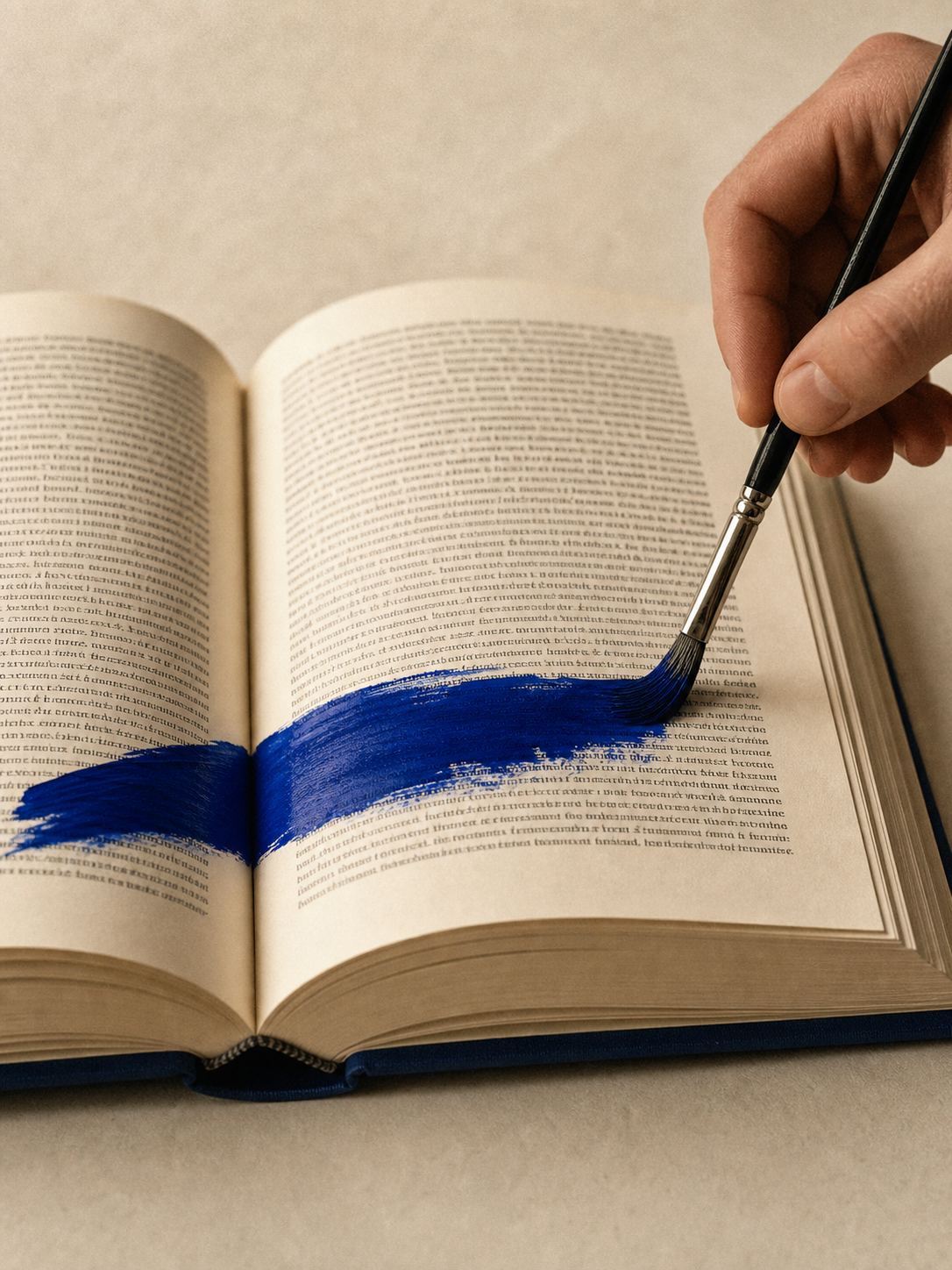 Une main trace au pinceau une bande de bleu cobalt sur la page d'un livre ancien